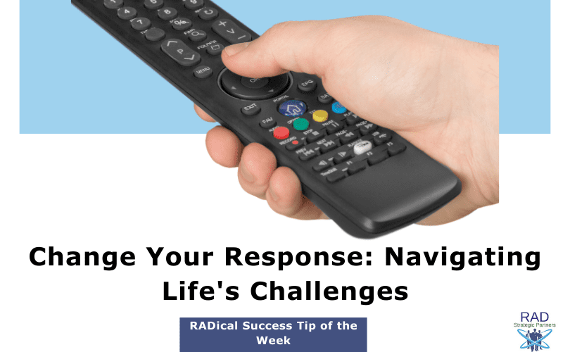 Remote control in focus symbolizing the power to change your response to life's challenges.