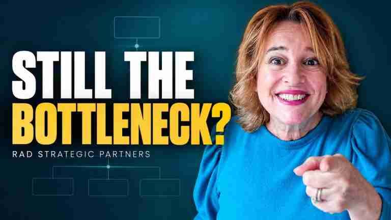 Angie Dobransky direct-to-camera thumbnail with headline "Still the Bottleneck?" on true delegation and decision authority for business owners